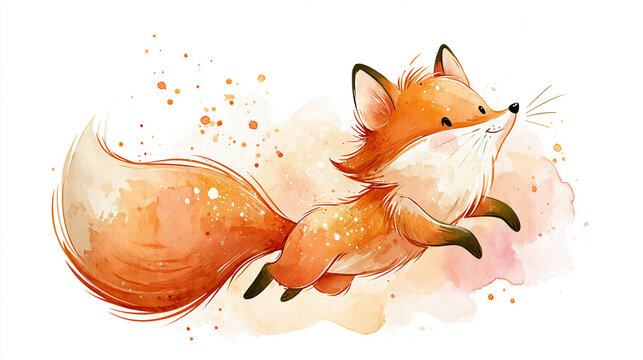 A playful watercolor illustration of a joyful fox mid-leap with vibrant orange and brown hues and splattered paint effects.
