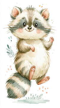 A cute, smiling raccoon with fluffy fur and rosy cheeks, standing upright with one paw raised, surrounded by small decorative leaves and dots.