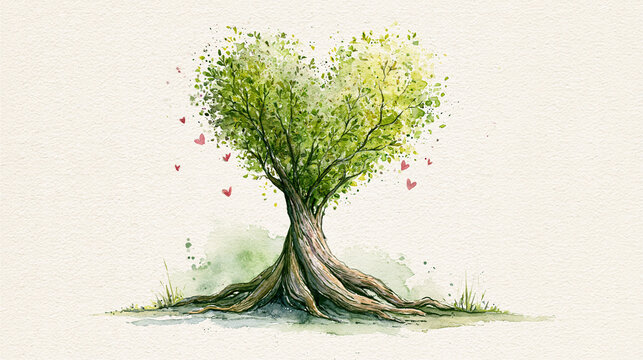 A watercolor painting of a heart-shaped tree with green leaves and small red hearts floating around it on a light background.