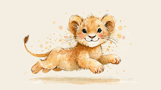 A cheerful watercolor illustration of a playful, smiling lion cub joyfully leaping with a splash of warm colors.