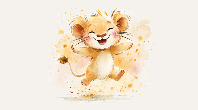 A joyful, cartoon baby lion with a big smile and closed eyes is happily jumping, surrounded by soft watercolor splashes on a light background.