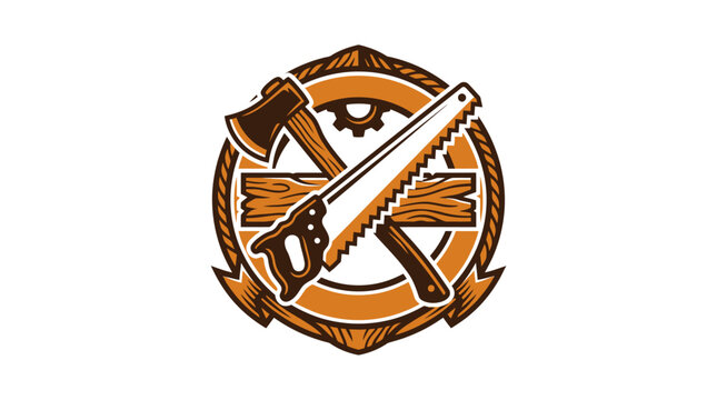 Crossed saw and axe woodworking emblem on log