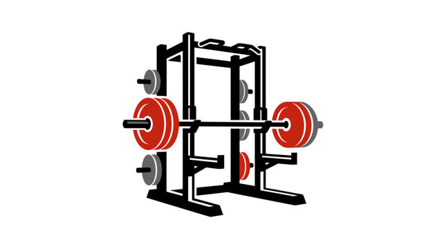 Squat rack with weighted barbell plates.