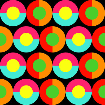Geometric seamless pattern bold colorful circles vector. Vibrant abstract shapes on a black background. Modern retro design with chic playful pop art style, contemporary, trendy. Colourful pattern