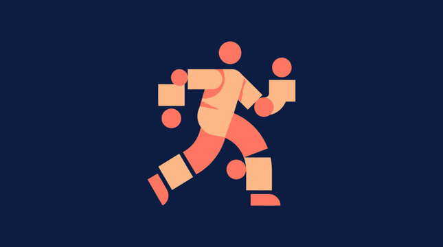Abstract geometric runner figure in orange and coral on dark blue background