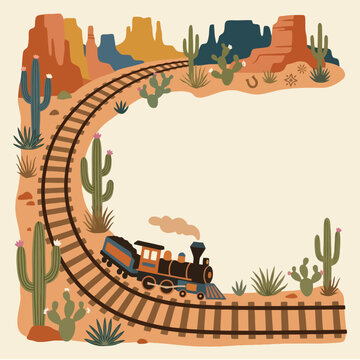 Vintage steam train travels through a desert landscape