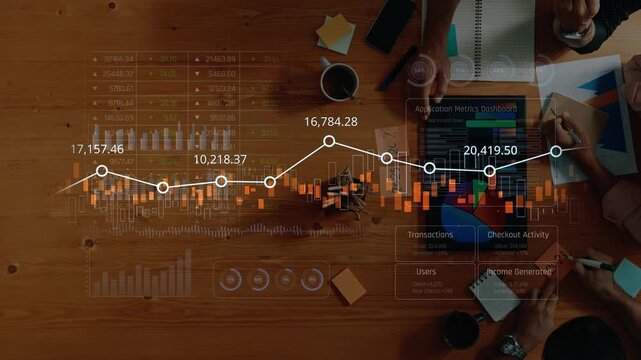 Professionals engage in data analysis, discussing insights from charts and graphs on a wooden desk, with coffee cups and documents, showcasing teamwork and business strategy. Raster