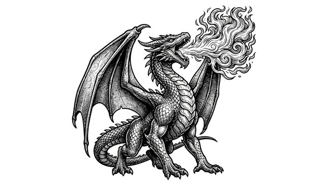 A dragon breathing fire fiercely outside.