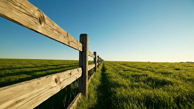 Wooden split rail fence stretching through a vast green grass field under a clear blue sky, symbolizing boundary and rustic perspective