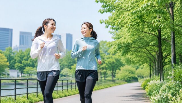 緑の公園でジョギングを楽しむ日本人女性二人