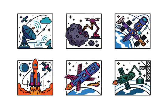 Space economy line art icons set, asteroid mining, satellite communication, and orbital logistics flat vector illustration