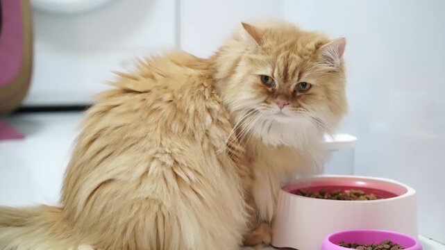 Fluffy ginger cat longhair feline eating dry food from pink and white bowls, domestic pet animal with orange fur, relaxed mammal enjoying meal, content and satisfied in bright home environment