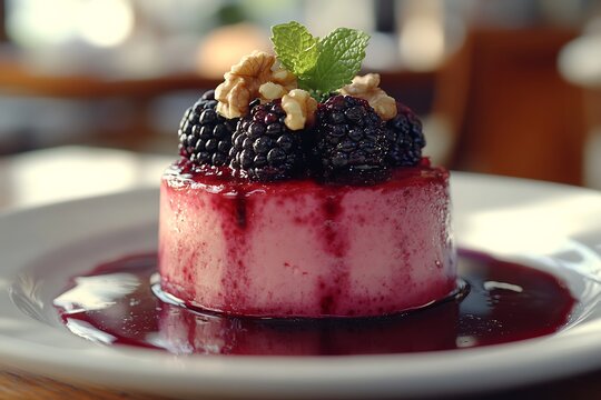 Elegant Blackberry Cheesecake with Glaze and Nuts Garnished with Mint on White Plate in Cozy Restaurant Setting