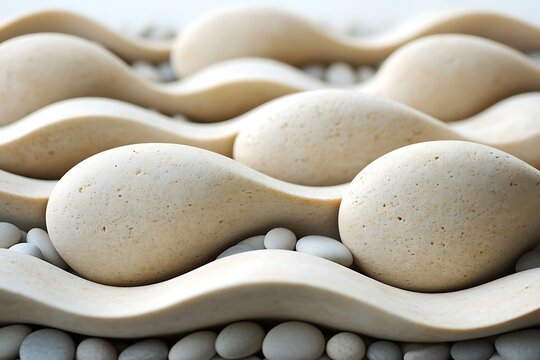 Close-up of Smooth White Stones Resting in Curved Wooden Trays with Small Pebbles for Zen Decor and Meditation Settings