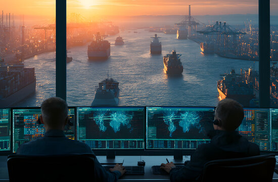 Control room personnel keep an eye on maritime traffic in a bustling harbor as the sun sets. High-tech displays present information about cargo movements. Autonomous vessels travel through waters mana