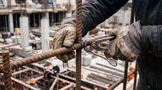 Close-up of Worker's Hands Tying Rope on Industrial Construction Site