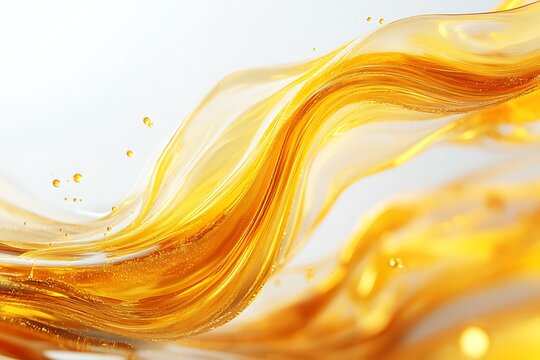 Abstract swirling golden liquid with fluid movement, vibrant glow, and smooth glossy texture, bright background, artistic design for creative use