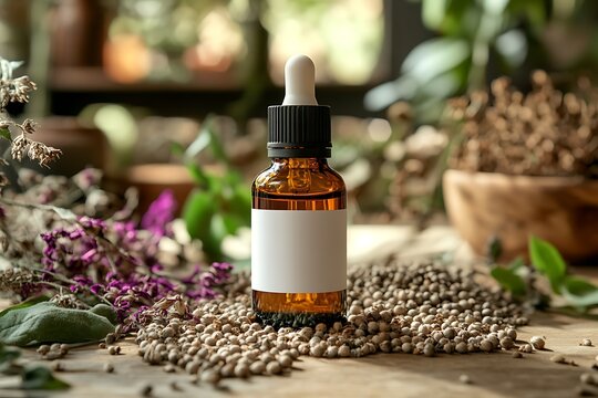 Essential Oil Dropper Bottle with Natural Aromatherapy Herbs and Peppers on Rustic Wooden Surface