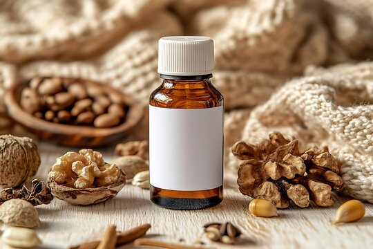 Amber glass essential oil bottle with blank label surrounded by nuts seeds and spices on wooden surface