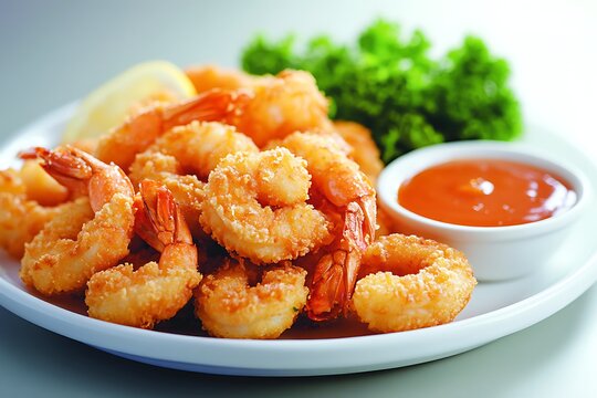 Crispy golden fried shrimp with side of sweet dipping sauce, fresh parsley, lemon wedge, and vegetables on white plate