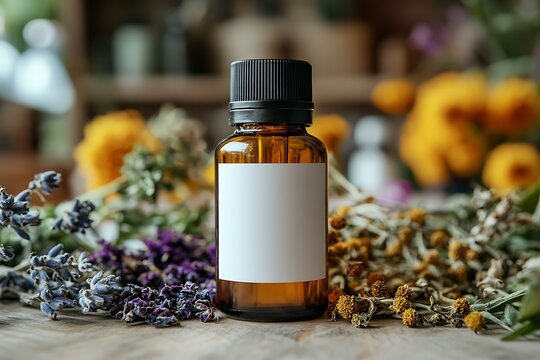 Aromatherapy essential oil bottle with blank label surrounded by colorful dried flowers and fresh herbs on rustic wooden surface