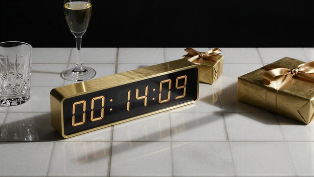 Golden clock displays 00:14:09 on white tiled surface with glasses and gift.