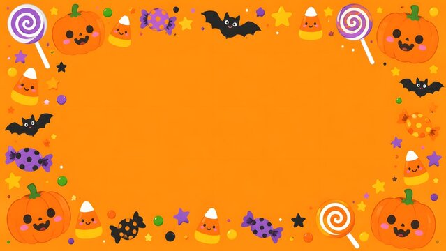 Cute halloween background with pumpkins, bats, candy corn, lollipops and candies on an orange backdrop festive holiday border frame for party invitation