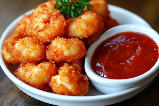 Golden crispy fried chicken bites served with fresh parsley garnish and a side of vibrant red dipping sauce in a white bowl