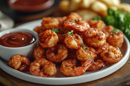 Delicious crispy fried shrimp served with tangy dipping sauce and savory side dishes on a white plate