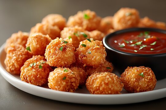 Crispy golden fried chicken nuggets clustered on a white plate with a side of tangy dipping sauce garnished with fresh herbs, close-up