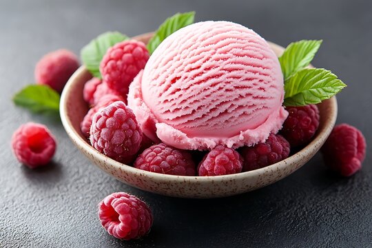 Fresh Raspberry Ice Cream in a Ceramic Bowl with Green Mint Leaves on Dark Surface