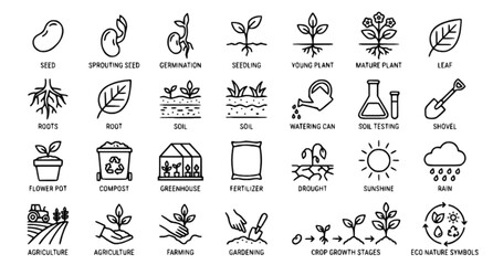Fototapeta premium Plant Growing Line Icons Set with Seedling Agriculture and Gardening Vector