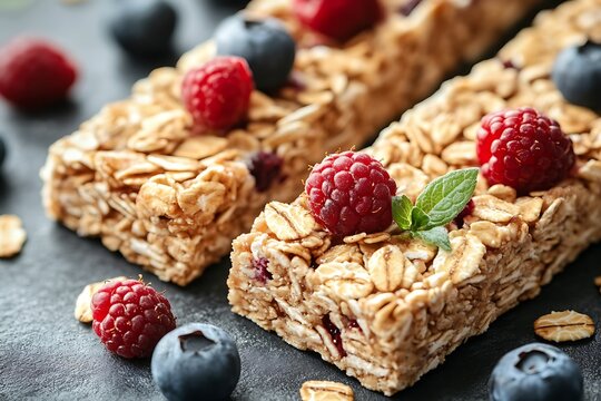 Healthy Homemade Granola Bars with Fresh Berries and Mint Leaves on Dark Background
