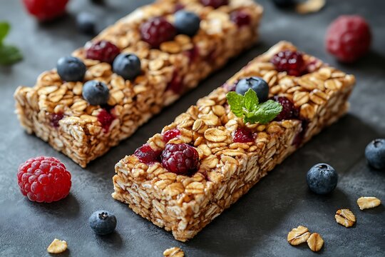 Close-up of Two Homemade Granola Bars with Mixed Berries and Mint Garnish on Dark Slate Surface