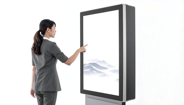 A woman in a business suit points at a digital screen showing a misty landscape. The screen is within a rectangular kiosk