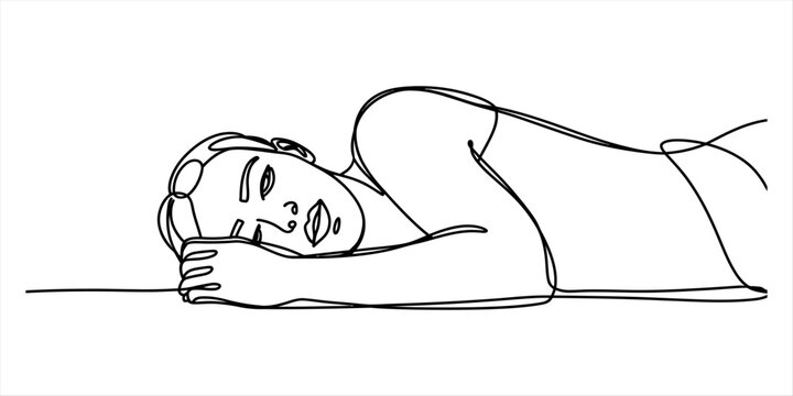 Minimalist one line drawing of a woman lying down sleeping in a peaceful resting position creating a simple continuous contour art style illustration