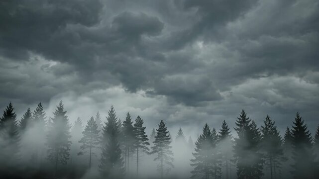 Moody forest atmosphere, storm sky, fog enveloping trees, dramatic natures mystery, unease, foreboding clouds, dark, misty, coniferous, anticipation, natures deep, captivating, cinematic, evocative