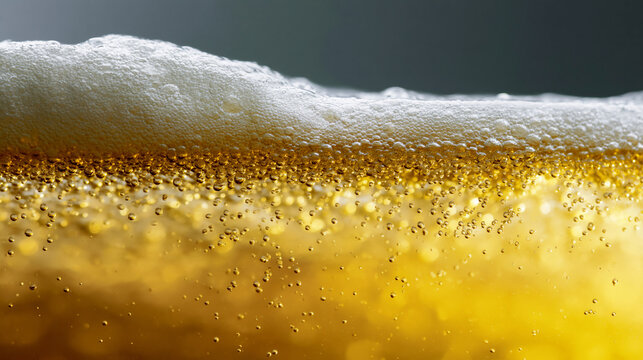 Macro texture of beer bubbles and foam in glass