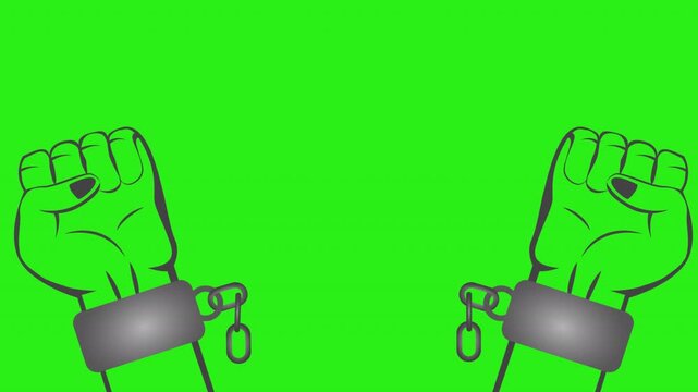 Animated motion graphic of hands breaking free from handcuffs or snapping chains while isolated on a green screen background. This symbolic animation represents freedom, liberation, justice