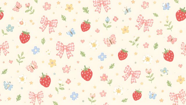 Seamless pattern with cute strawberries, pink gingham bows, butterflies, and small flowers on a soft cream background, whimsical cottagecore aesthetic