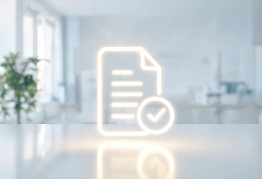 Digital document icon with glowing blue checkmark representing electronic signature, secure contract validation, cybersecurity, cloud data management, business compliance, futuristic technology.