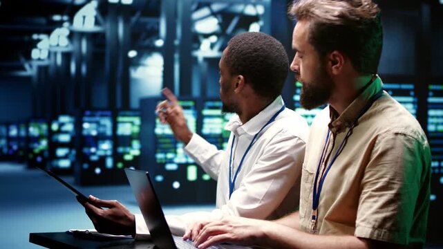 Coworkers check electronics with a tablet in a data center, documenting maintenance needs, hardware status and network resources during data center tests.