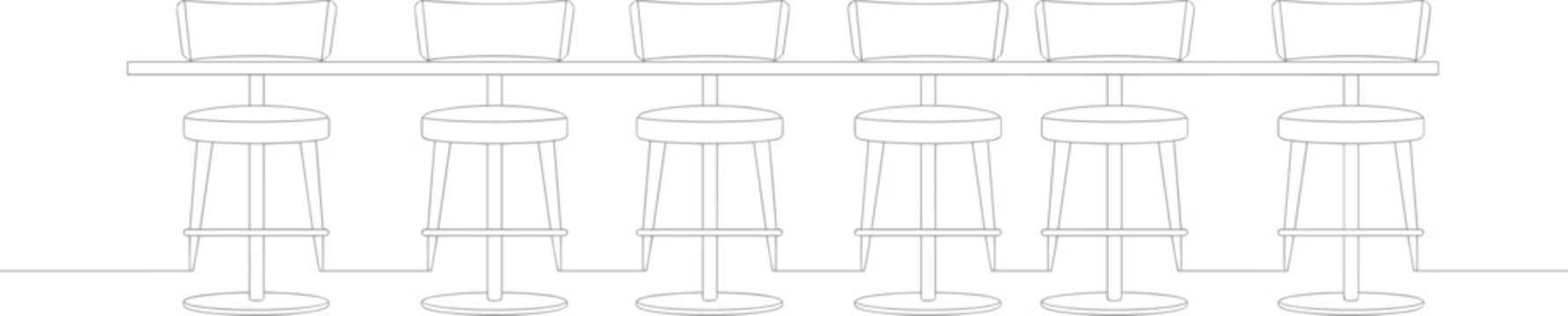 Minimalist bar counter interior with seven stools, flat vector illustration design