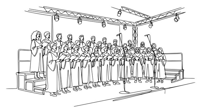 Choir Performance Line Drawing: Diverse Group Singing on Stage with Microphones