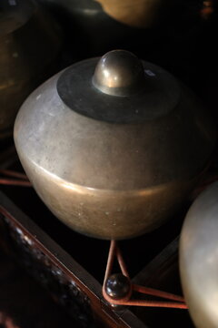 Indonesia traditional music instrument gamelan called kenong at close up angle