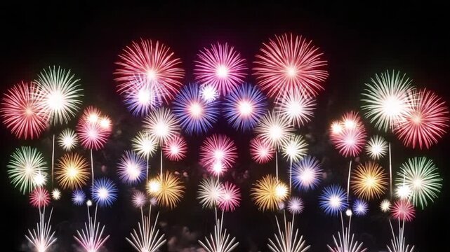 Colorful festive fireworks exploding in night sky during celebration explosion festival