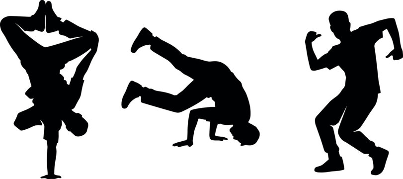 Hip hop breakdance street dancers vector silhouettes collection featuring acrobatic handstand freeze and toprock poses