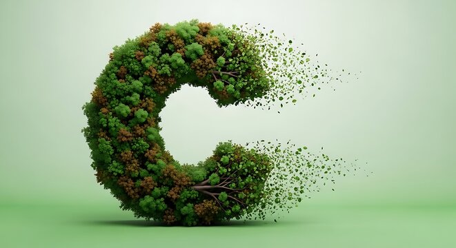 Letter "C" formed from trees with dispersing particles. Green and brown hues dominate