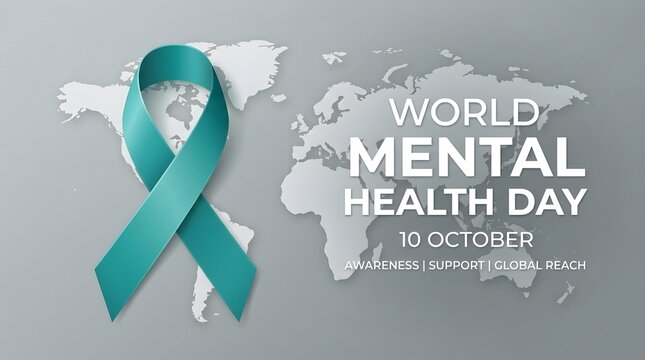 World mental health day awareness ribbon on global map