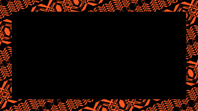 Abstract orange and black border frame with repeating geometric tire track pattern and copy space in the center, suitable for automotive, racing, or Halloween themed designs